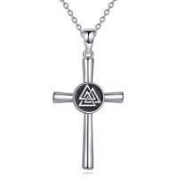 wholesale 925 Sterling Silver Valknut Viking Odin Knot Cross Pendant Necklace Norse Pagan Amulet Jewelry for Men & Women- Rhodium Plated