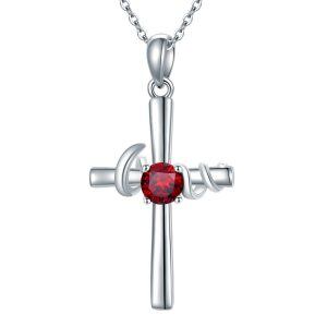 Sterling Silver Cross Pendant Necklace with Red CZ-0