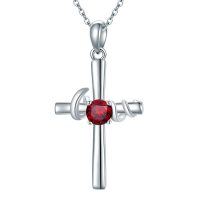 wholesale 925 Sterling Silver Red Garnet Spiral Cross Pendant Necklace for Women Girls Birthstone s- Rhodium Plated