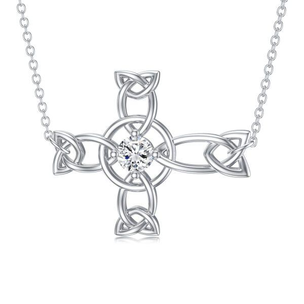 Sterling Silver Sideways Celtic Knot Cross Pendant Necklace-0