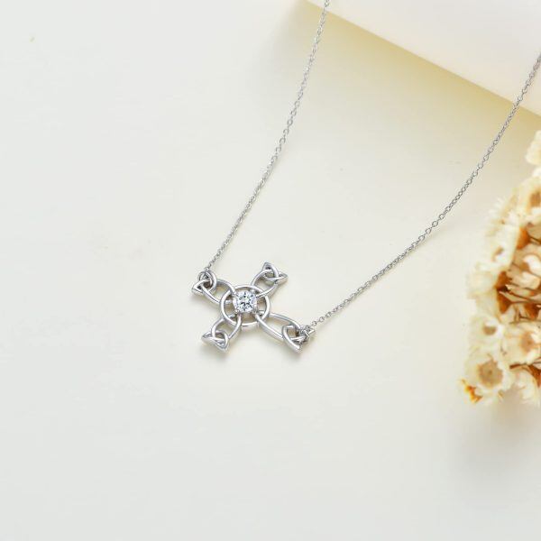 Sterling Silver Sideways Celtic Knot Cross Pendant Necklace-4