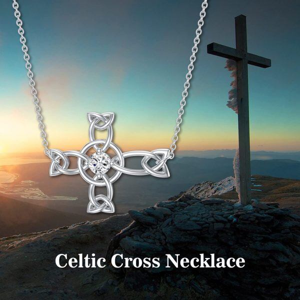 Sterling Silver Sideways Celtic Knot Cross Pendant Necklace-5