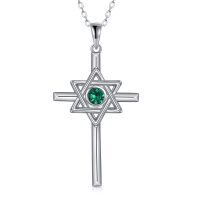wholesale 925 Sterling Silver Green Cubic Zirconia Star of David Cross Pendant Necklace for Women- Rhodium Plated