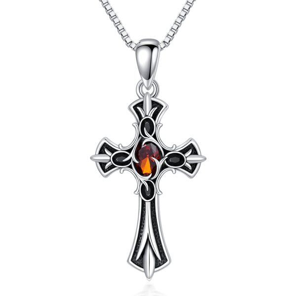 Sterling Silver Gothic Agate Cross Pendant Necklace-0