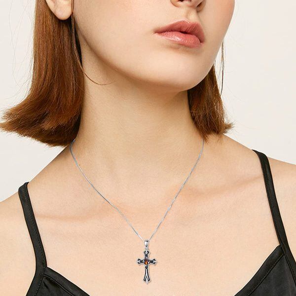 Sterling Silver Gothic Agate Cross Pendant Necklace-2