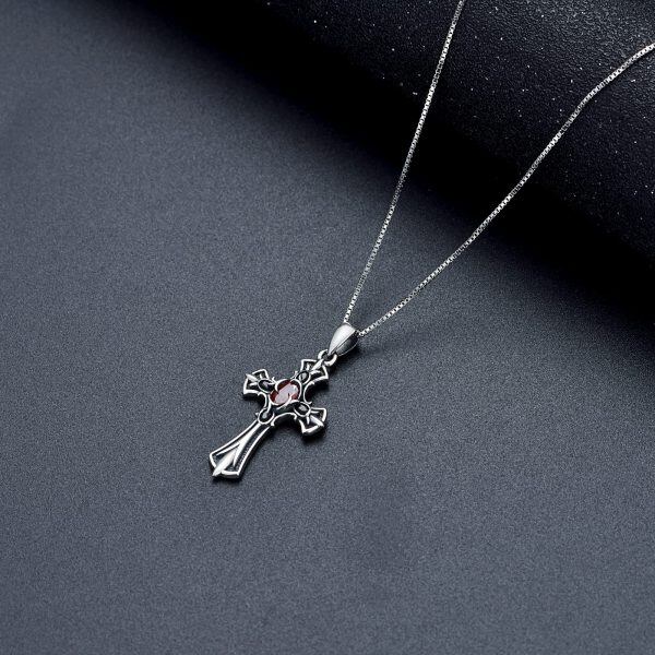 Sterling Silver Gothic Agate Cross Pendant Necklace-3