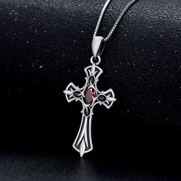 Sterling Silver Gothic Agate Cross Pendant Necklace-4