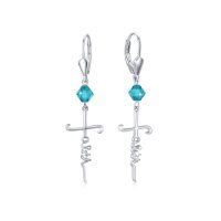 wholesale 925 Sterling Silver Cross Drop Earrings with Blue Crystal Beads - Religious Faith  for Her Him- Rhodium Plated