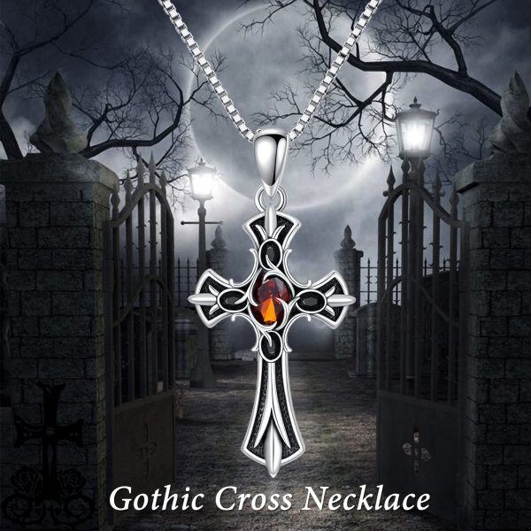 Sterling Silver Gothic Agate Cross Pendant Necklace-5