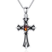 wholesale 925 Sterling Silver Gothic Red Stone Cross Pendant Necklaces for Women and Men s- Rhodium Plated