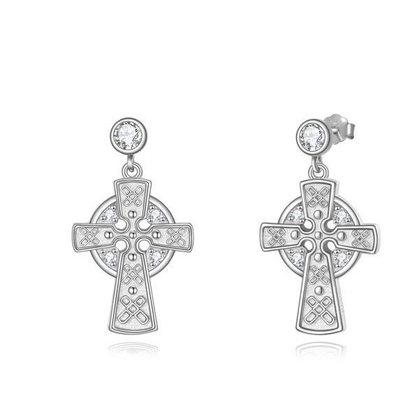 Sterling Silver Shining Cross Dangle Earrings-0