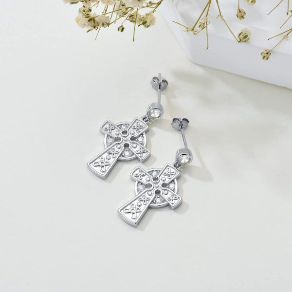 Sterling Silver Shining Cross Dangle Earrings-3