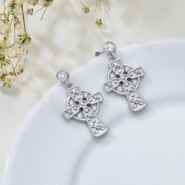 Sterling Silver Shining Cross Dangle Earrings-4