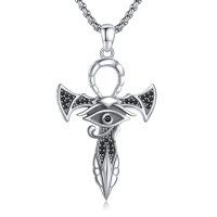 wholesale 925 Sterling Silver Black Onyx Horus Eye Ankh Cross Pendant Necklace  Mens Amulet Chain Jewelry Protection Gift For Her- Rhodium Plated