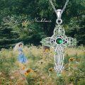 wholesale 925 Sterling Silver Emerald Green Leaf Cross Pendant Necklace with 18+2 Chain Celtic Jewelry for Women Girls Gift-0-5
