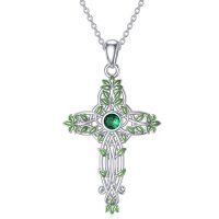 wholesale 925 Sterling Silver Emerald Green Leaf Cross Pendant Necklace with 18+2 Chain Celtic Jewelry for Women Girls Gift- Rhodium Plated