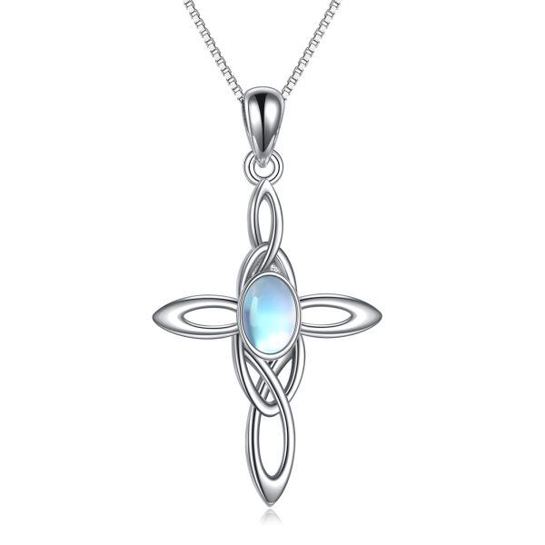 Sterling Silver Moonstone Celtic Cross Pendant Necklace-0