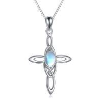 wholesale 925 Sterling Silver Rainbow Moonstone Celtic Knot Cross Pendant Necklace for Women Irish Good Luck s- Rhodium Plated