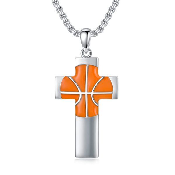 Sterling Silver Basketball Cross Pendant Necklace with Stainless Steel Chain-0