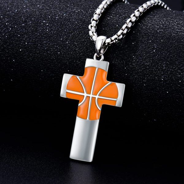 Sterling Silver Basketball Cross Pendant Necklace with Stainless Steel Chain-2