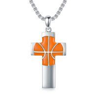 wholesale 925 Sterling Silver &  Basketball Cross Pendant Necklace  - Christian s for Boys Girls Teens Adults- Rhodium Plated