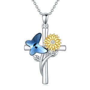 Sterling Silver Crystal Butterfly Sunflower Cross Pendant Necklace for women-0