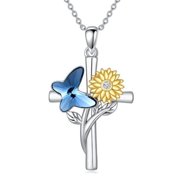 Sterling Silver Crystal Butterfly Sunflower Cross Pendant Necklace for women-0