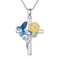 wholesale 925 Sterling Silver Blue Crystal Butterfly & Yellow Flower Cross Pendant Necklace for Women Girls Wife Girlfriend Gift-0-0