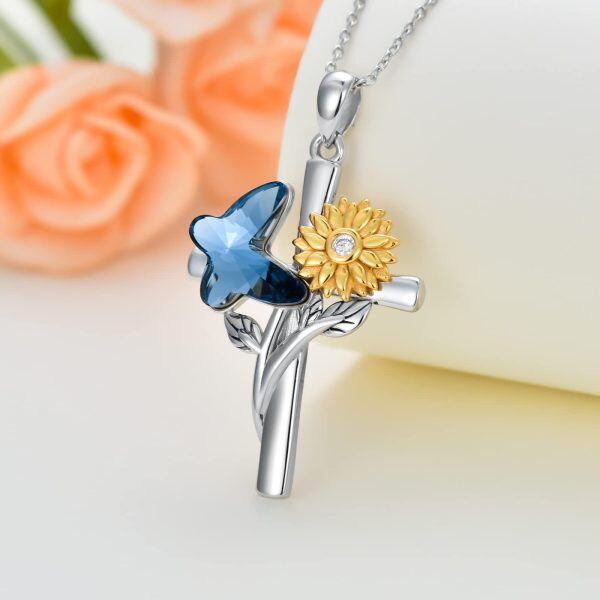 Sterling Silver Crystal Butterfly Sunflower Cross Pendant Necklace for women-3