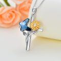 wholesale 925 Sterling Silver Blue Crystal Butterfly & Yellow Flower Cross Pendant Necklace for Women Girls Wife Girlfriend Gift-0-3