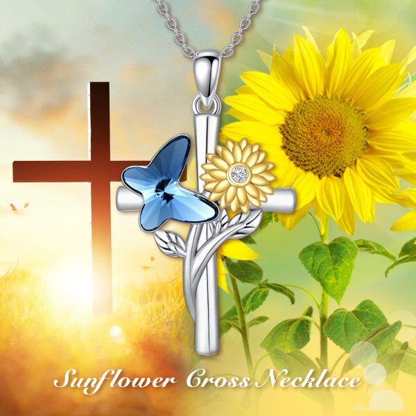 Sterling Silver Crystal Butterfly Sunflower Cross Pendant Necklace for women-5