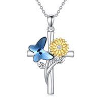wholesale 925 Sterling Silver Blue Crystal Butterfly & Yellow Flower Cross Pendant Necklace for Women Girls Wife Girlfriend Gift- Rhodium And Gold Plated
