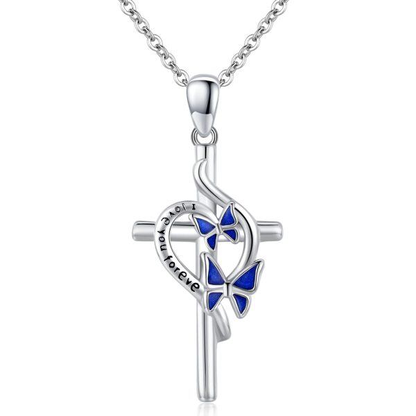 Sterling Silver Enamel Butterfly Cross Pendant Necklace for women-0