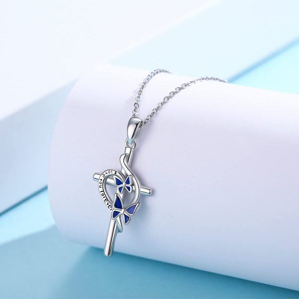 Sterling Silver Enamel Butterfly Cross Pendant Necklace for women-3