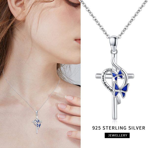 Sterling Silver Enamel Butterfly Cross Pendant Necklace for women-6