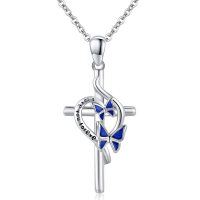 wholesale 925 Sterling Silver Butterfly Cross Pendant Necklaces with Blue Enamel Gifts for Women Girls- Rhodium Plated