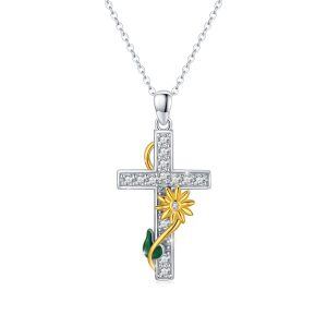 Sterling Silver Sunflower Cross Pendant Necklace with Shining CZ for women-0