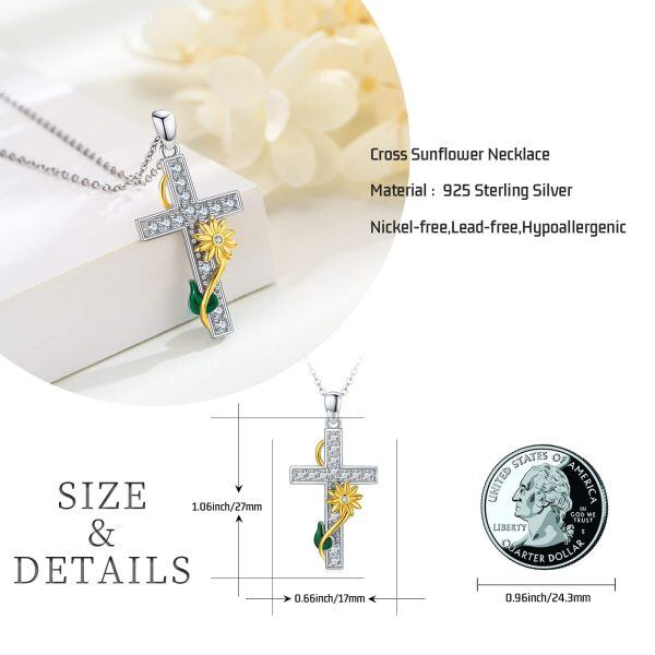 Sterling Silver Sunflower Cross Pendant Necklace with Shining CZ for women-1