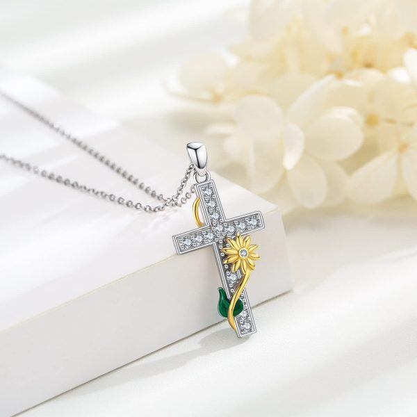 Sterling Silver Sunflower Cross Pendant Necklace with Shining CZ for women-4