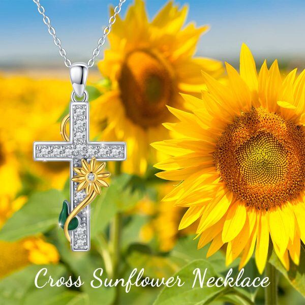 Sterling Silver Sunflower Cross Pendant Necklace with Shining CZ for women-6