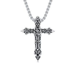 Sterling Silver Oxidized Rose Flower Cross Pendant Necklace with Stainless Steel Chain for women men-0