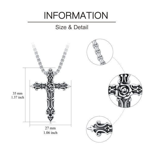 Sterling Silver Oxidized Rose Flower Cross Pendant Necklace with Stainless Steel Chain for women men-1