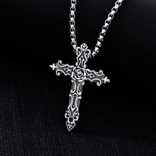 Sterling Silver Oxidized Rose Flower Cross Pendant Necklace with Stainless Steel Chain for women men-4