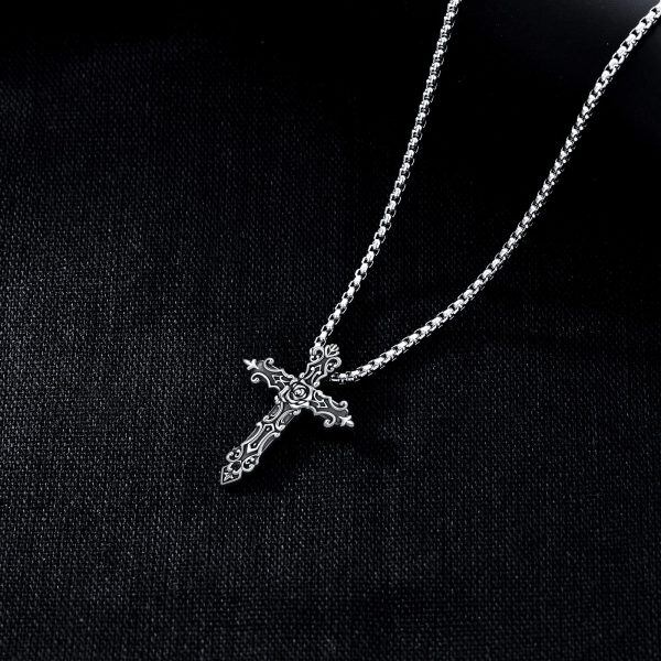 Sterling Silver Oxidized Rose Flower Cross Pendant Necklace with Stainless Steel Chain for women men-5