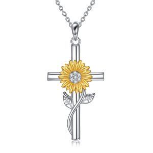 Sterling Silver Shining CZ Sunflower Cross Pendant Necklace for women-0