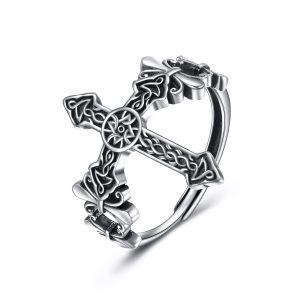 Sterling Silver Oxidized Celtic Cross Adjustable Rings for men-0