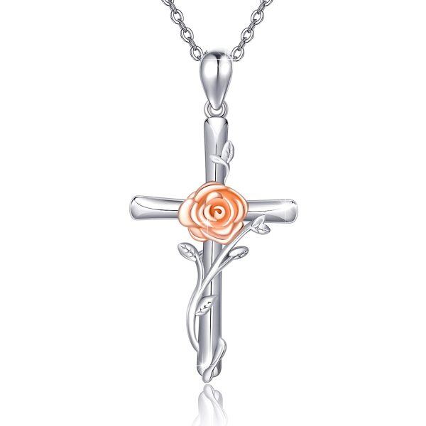 Sterling Silver Rose Flower Cross Pendant Necklace for women-0