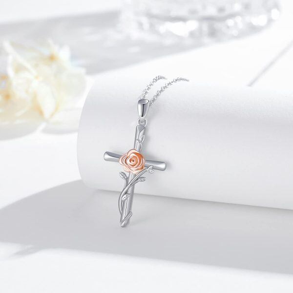 Sterling Silver Rose Flower Cross Pendant Necklace for women-4