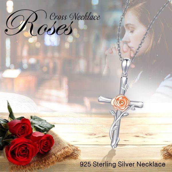 Sterling Silver Rose Flower Cross Pendant Necklace for women-5