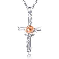 wholesale 925 Sterling Silver Rose Flower Cross Pendant Necklace for Women- Rhodium And Rose Gold Plated